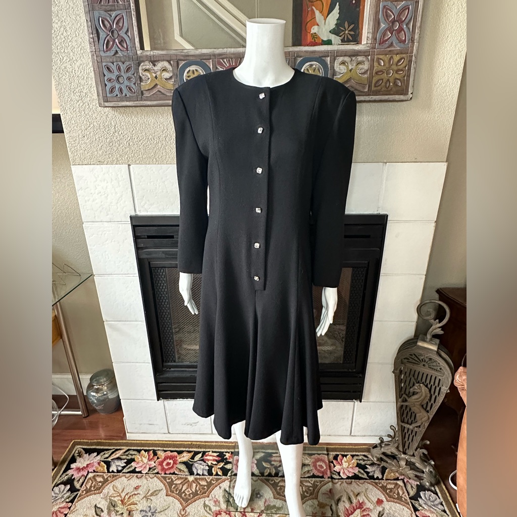 Vtg Anne Klein Wool Dress Size 10 Rhinestone Buttons Fit And Flare Union Made
